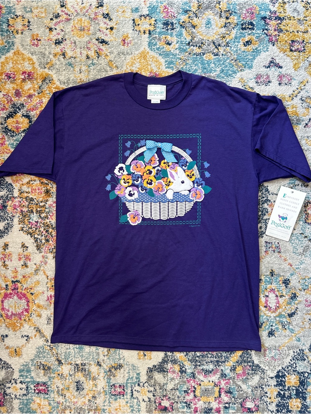 Vintage 90s NWT PegiGoff Bunny Rabbit Floral Basket T Shirt XL Purple USA Made